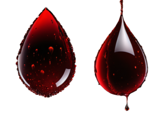 Close up of two different high resolution blood drops falling cut out and isolated on white or transparent background to use as graphic element for your designs