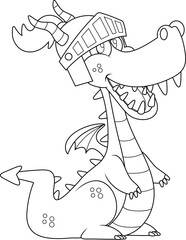 Outlined Cute Dragon Cartoon Character With Knight Helmet. Vector Hand Drawn Illustration Isolated On Transparent Background