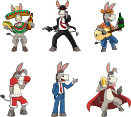 Donkey Cartoon Characters. Vector Hand Drawn Collection Set Isolated On White Background 