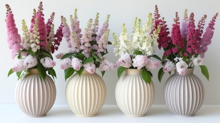 a group of three vases filled with flowers on top of a white table next to another vase filled with pink and white flowers.