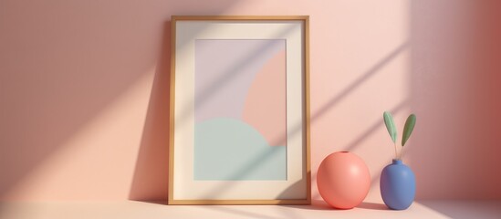 A picture frame made of wood is hanging on a pink wall next to two vases. The rectangle frame is showcasing art while the window tints and shades the room