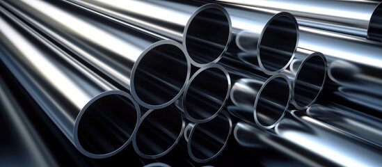 A stack of stainless steel pipes resembling a grille for motor vehicles, with elements of automotive design such as rims, bumpers, and gas pipes - obrazy, fototapety, plakaty