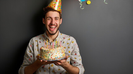 photo young happy man celebrating birthday wearing party hat and holding cake