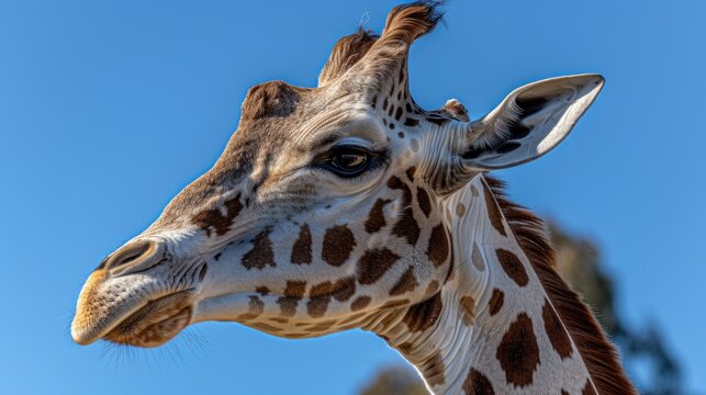 a close up of a giraffe's head with a blue sky in the background and trees in the foreground.