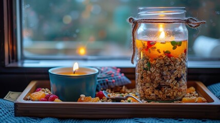 a glass jar filled with granola next to a cup of tea and a candle on a tray next to a window. - obrazy, fototapety, plakaty