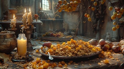 a wooden table topped with a bowl of granola next to a candle and a vase filled with oranges.