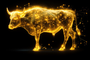 Silhouette bull transparent shining golden on a black background. The zodiac sign taurus . Ai generative..