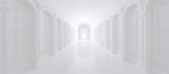 A dim light at the end of the foggy hallway beckons, creating a sense of symmetry in the mistcovered building. The event is shrouded in a freezing haze, resembling an artful scene in a grey font