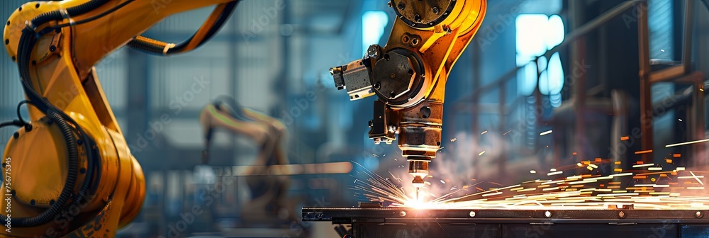 Wall mural Panoramic banner of header machine on automated robot arm in production line factory.