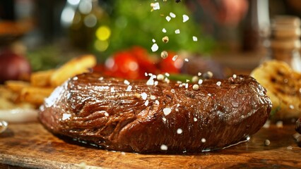 Beef Steak with Grain Salt Falling. - 756775321