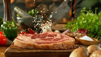 Raw Beef Steak with Grain Salt Falling.