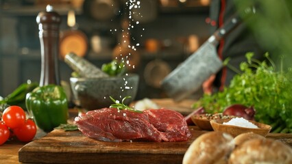 Raw Beef Steak Served on Wooden Cutting Board. - 756775340