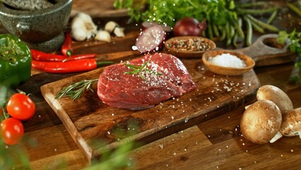 Raw Beef Steak Served on Wooden Cutting Board.