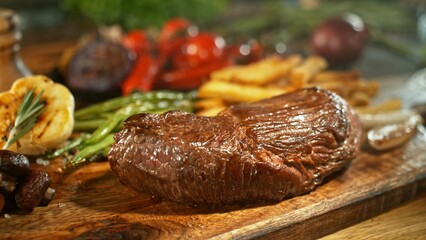 Beef Steak Ready for Eating, Served on Wooden Table. - 756775356