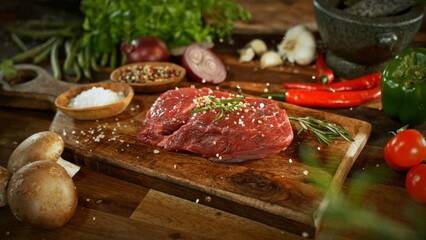Raw Beef Steak Served on Wooden Cutting Board. - 756775364