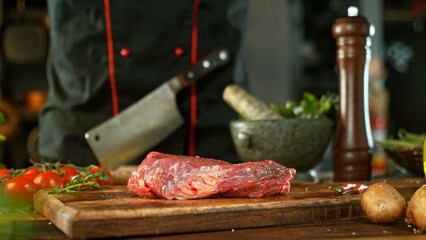 Raw Beef Steak Served on Wooden Cutting Board. - 756775374