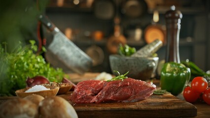 Raw Beef Steak Served on Wooden Cutting Board.