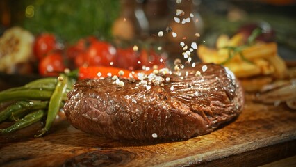 Beef Steak with Grain Salt Falling. - 756775382
