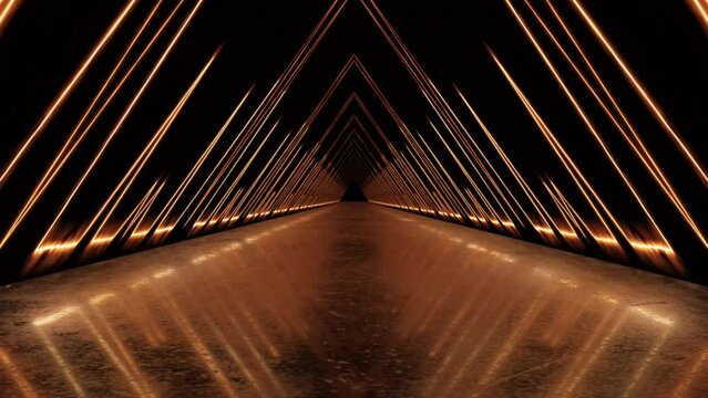 Abstract triangle shape tunnel flight animation, side walls with fire glowing animated shapes and realistic floor reflection, concept, ideas, 4k