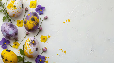 Ovos de páscoa pintados, flores silvestres em um fundo claro com espaço para texto