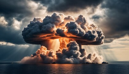 Colossal cloud explosion over sea with ships and sunbeams, impending doom. Atomic explosion, nuclear explosion, nuclear bomb - obrazy, fototapety, plakaty
