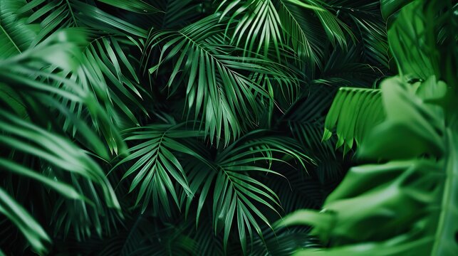 Background of green palm tree leaves in tropical forest