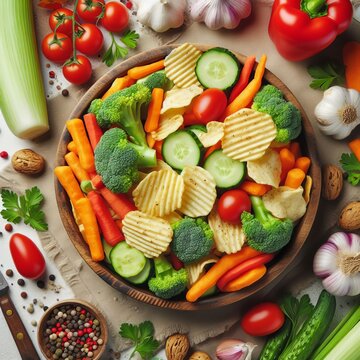 Homemade vegetable organic chips from carrots, cabbage, tomatoes in wooden bowl on light table, Mexican food - stock photo, top view