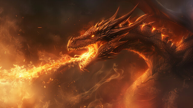 Mythical and Fiery Dragon Spitting Fire and Flames While Flying in the Sky Fantasy Illustration