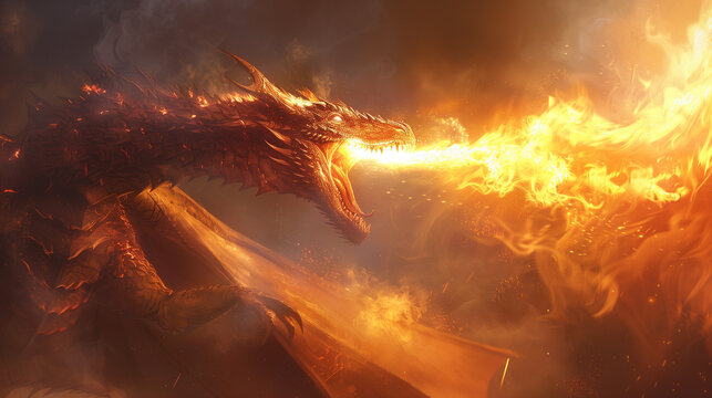 Mythical and Fiery Dragon Spitting Fire and Flames While Flying in the Sky Fantasy Illustration
