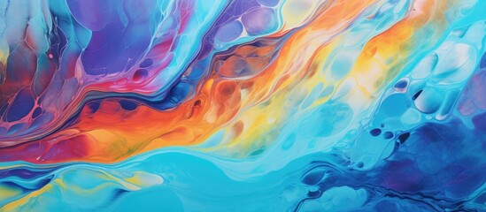 Abstract fluid art painting with marble-like texture created from mixed liquid acrylic paints in vibrant psychedelic colors.