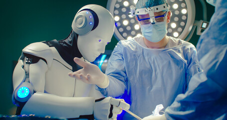 Medical artificial intelligence. Robotic surgery. Professional medical surgeon operates on patient in hospital with participation of robot. Innovative minimally invasive surgery with robotic system. - obrazy, fototapety, plakaty