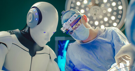 Future robotic surgery concept. Surgical room in hospital with robotic technology equipment. Robot...