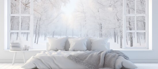 Stylish white bedroom with winter scenery visible through window. Scandinavian decor.