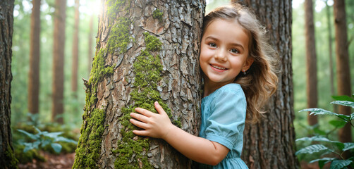Smiling little girl hugging a tree in the forest. Nat Zero and Carbon Neutral Concept.