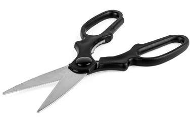 Black kitchen scissors isolated on a white background. Opened kitchen scissors. - 756776771