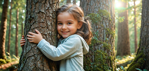Smiling little girl hugging a tree in the forest. Nat Zero and Carbon Neutral Concept.