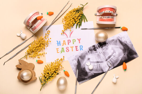 Composition with greeting card, dentist's tools, X-ray image of teeth and Easter decor on color background
