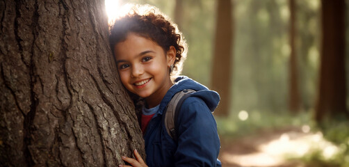 Smiling little kid hugging a tree in the forest. Nat Zero and Carbon Neutral Concept.