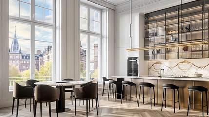 Fototapeta premium Modern Dining Room with Luxury Table Set, Bright Window, and Contemporary Wooden Floor