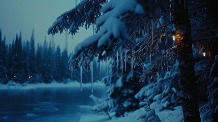a snow covered pine tree next to a body of water with icicles hanging off of it's branches. - obrazy, fototapety, plakaty