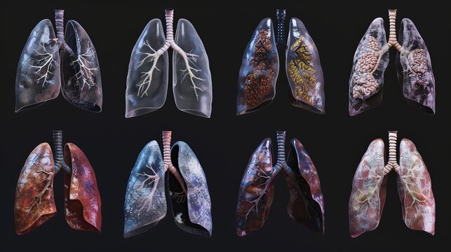 A collection of detailed artistic depictions of human lungs in various states and materials, isolated on a dark background.
