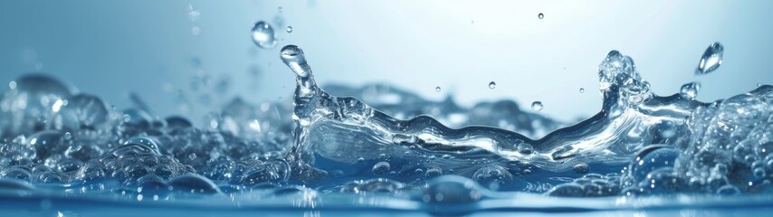 Dynamic splash of water, captured mid-motion, with droplets suspended in air. Clean water on blue...