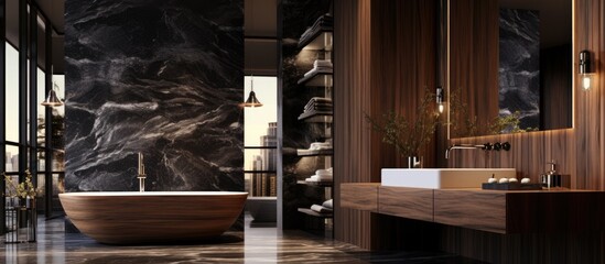 Design of a luxurious bathroom featuring wood and marble materials