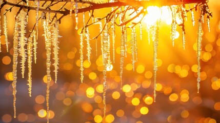 a close up of a tree branch with ice hanging from it's branches and the sun in the background.