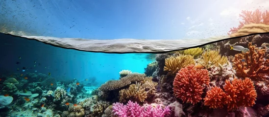 Poster An underwater coral reef surrounded by electric blue water with a clear sky in the background, creating a beautiful natural landscape for leisure and travel © AkuAku