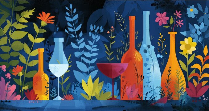 Bottles and a glass of wine on a background of flowers and herbs. Illustration for alcohol label