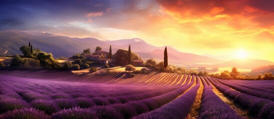 A picturesque sunset over a lavender field with a village in the background, creating a stunning natural landscape against the colorful sky and cumulus clouds