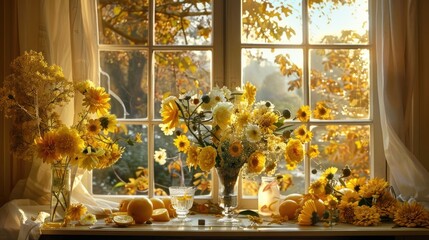 a vase of sunflowers sitting on a window sill next to a vase of pumpkins and sunflowers.