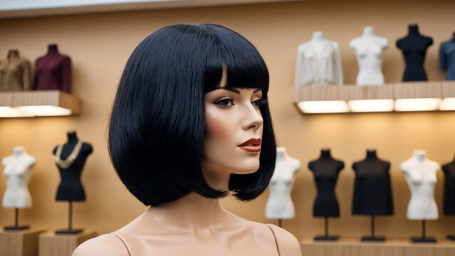 Mannequin with black short hair and red lips in a fashion store