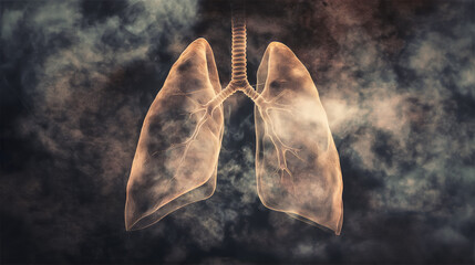 A digital illustration of human lungs surrounded by smoke, symbolizing the effects of smoking or air pollution on respiratory health.